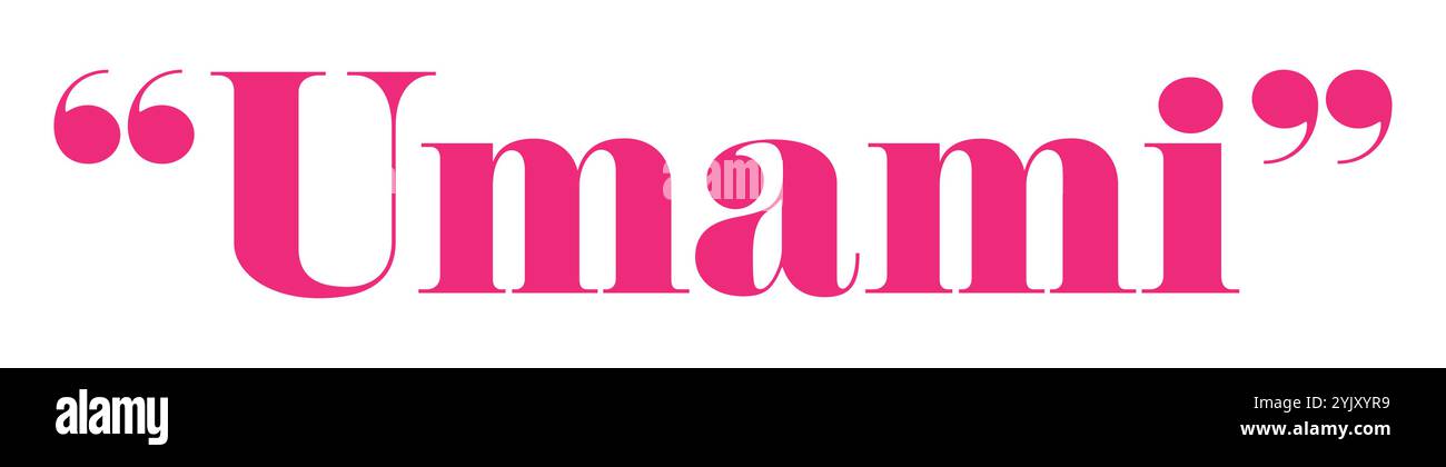 Umami presented in bold pink typography with quotation marks on a minimalist white background, suitable for culinary branding, modern design, and food Stock Vector