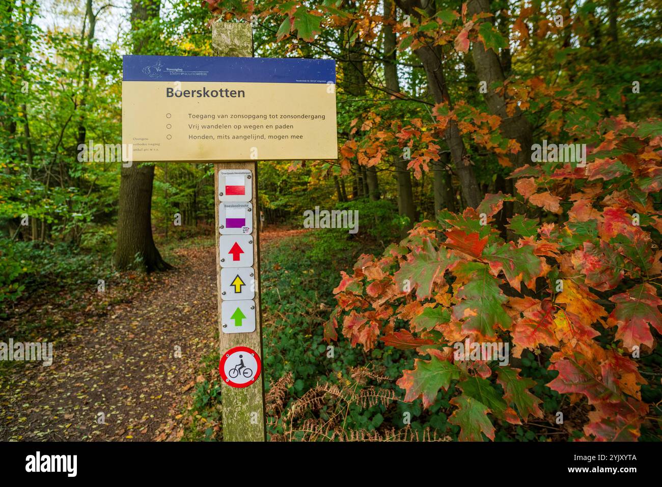 shield with some rules and hiking routes at nature estate 'boerskotten' in the netherlands Stock Photo