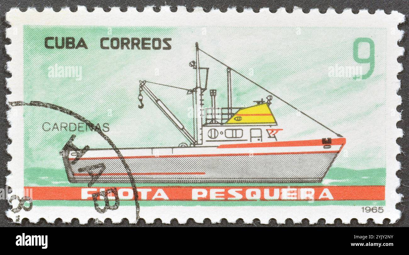 Cancelled postage stamp printed by Cuba, that shows  Fishing Boat Cardenas, circa 1965. Stock Photo