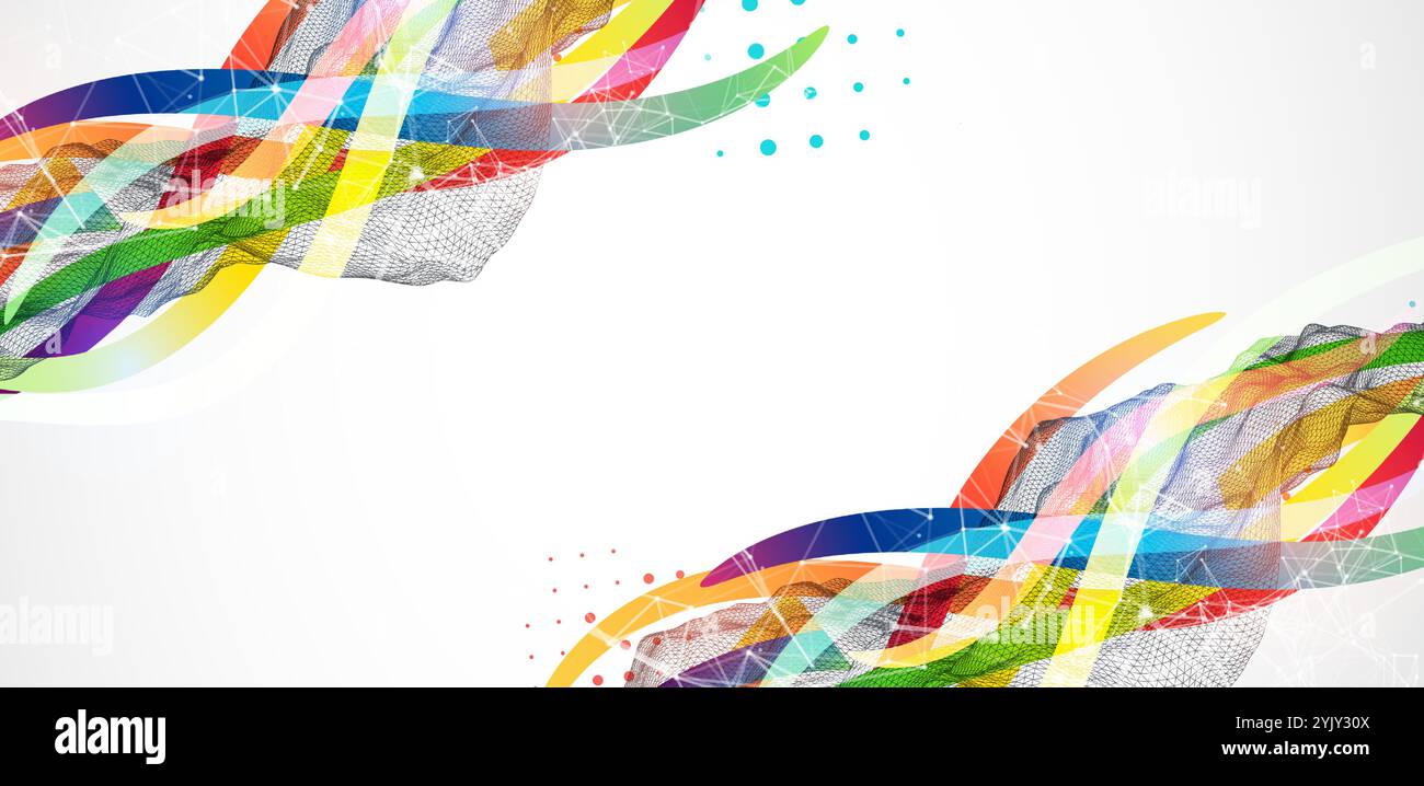 Abstract wireframe wave with colored lines in wave style. Plexus effect. Hand drawn vector. Stock Vector