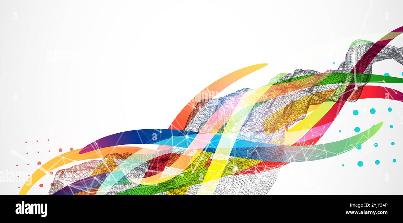 Abstract wireframe wave with colored lines in wave style. Plexus effect. Hand drawn vector. Stock Vector
