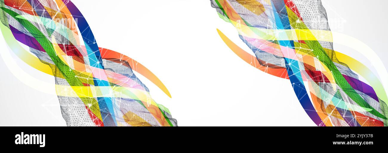 Abstract wireframe wave with colored lines in wave style. Plexus effect. Hand drawn vector. Stock Vector