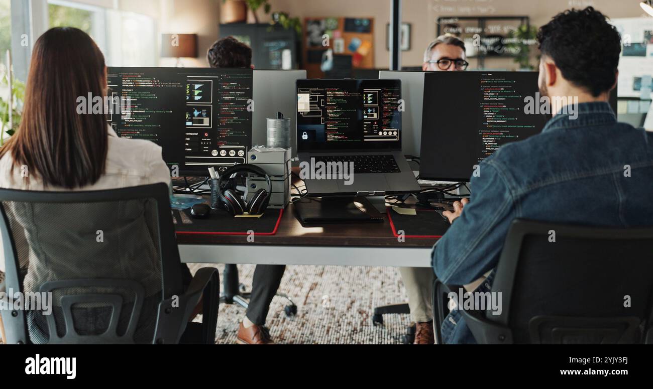 Developer, people and computer with screen in coworking office for web application testing and troubleshooting. Programming, employees and working on Stock Photo