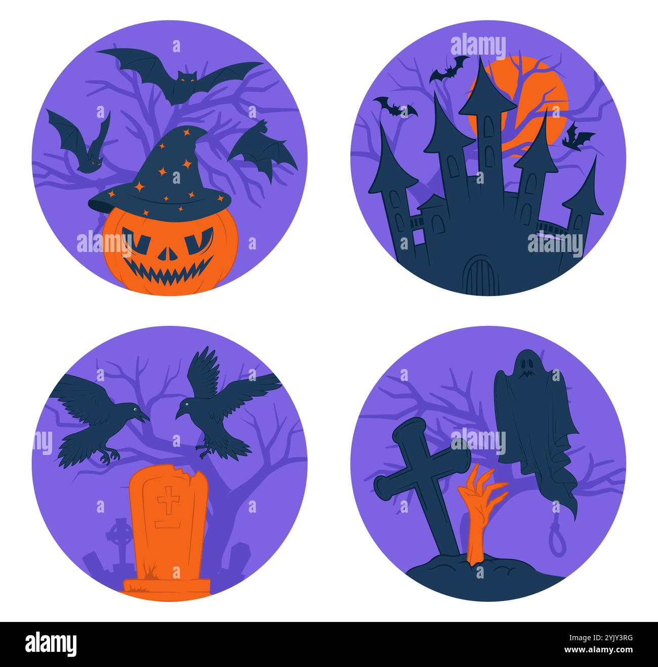 Set of Halloween stickers. Pumpkin in witchhat with black bats ...