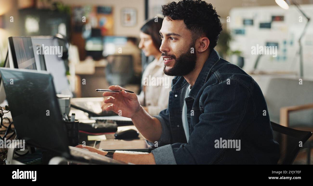 Research, reading and computer with business man in office for planning ...