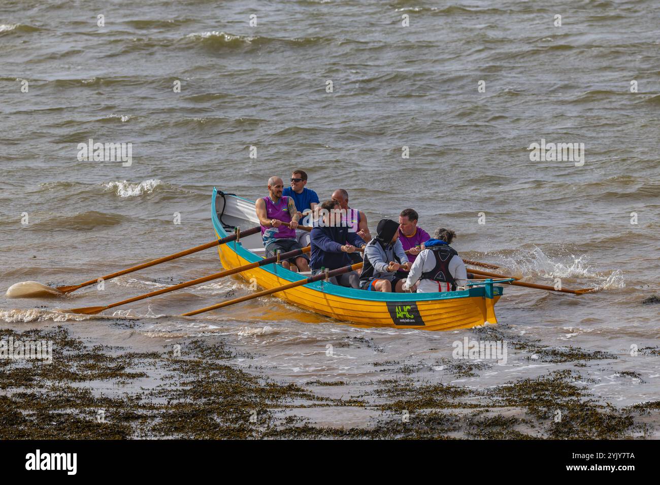 Pilot gig racing off Clevedon beach Stock Photo - Alamy