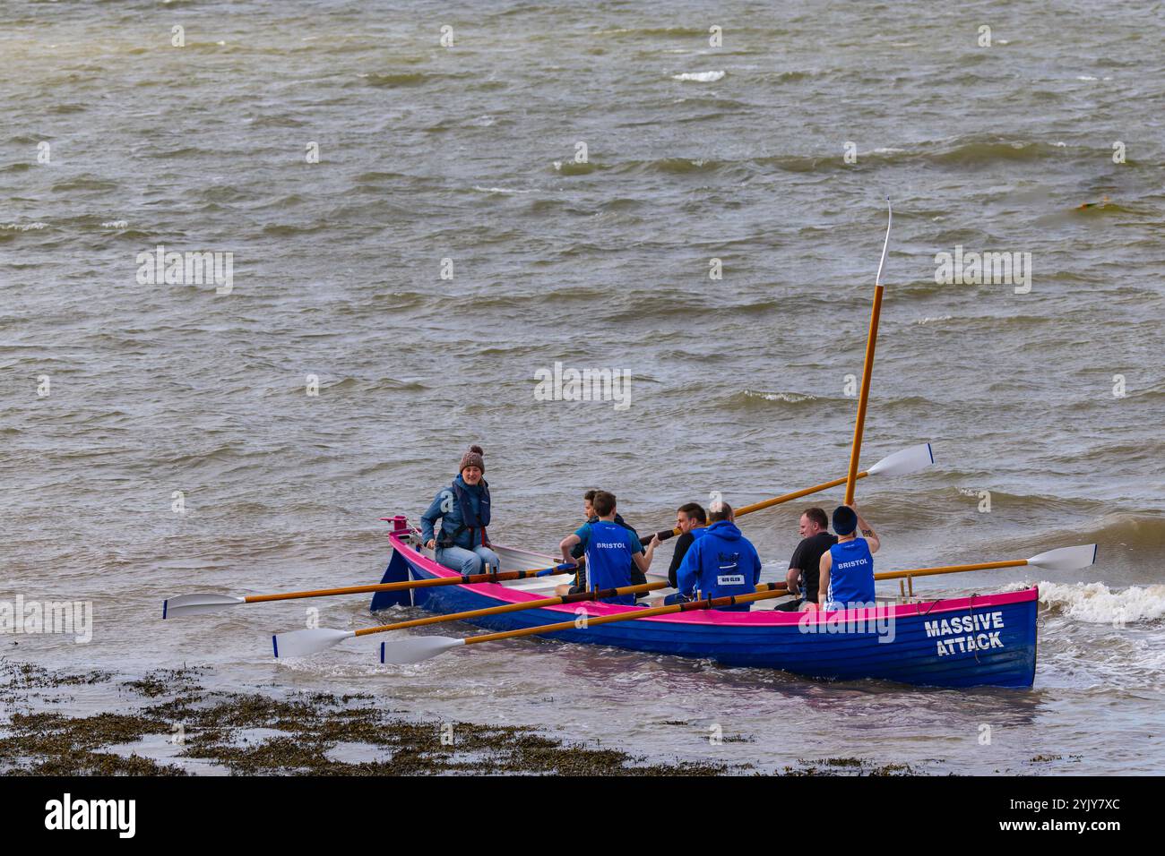 Pilot gig racing off Clevedon beach Stock Photo - Alamy