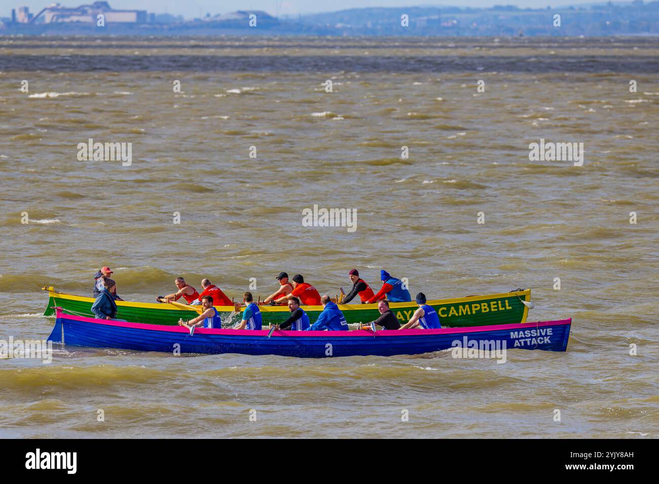 Pilot gig racing off Clevedon beach Stock Photo - Alamy