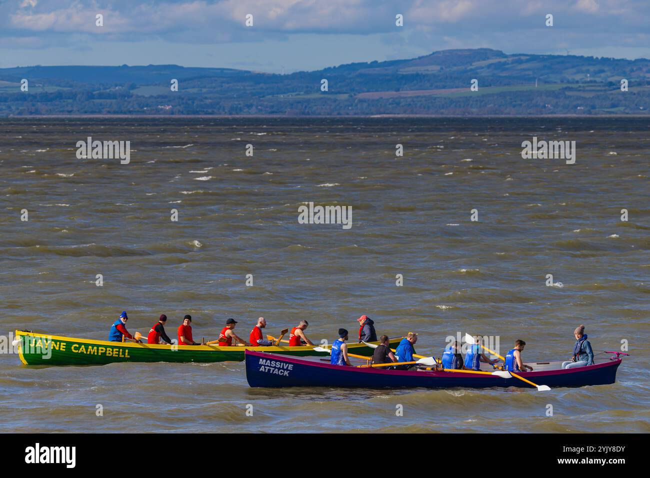 Pilot gig racing off Clevedon beach Stock Photo - Alamy
