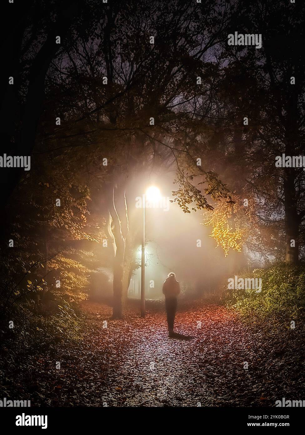Lone figure (woman) walking under street light on a foggy night. - Smartphone Captured Stock Image