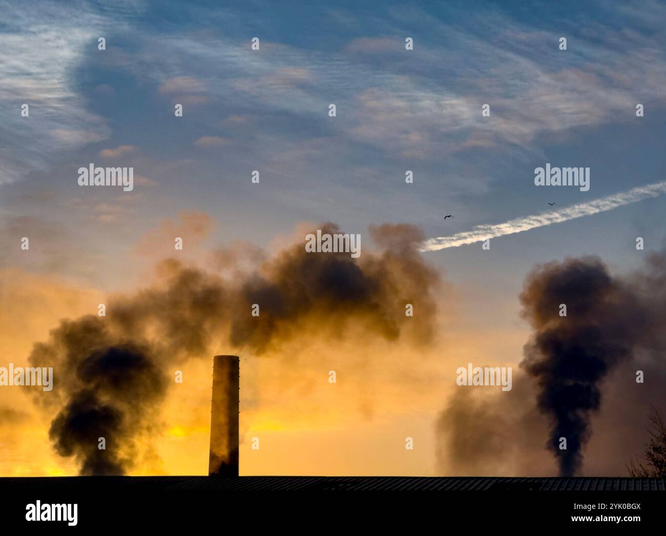 Steam rising from brick chimney stack early on a cold morning, Adlington, Lancashire UK - Smartphone Captured Stock Image
