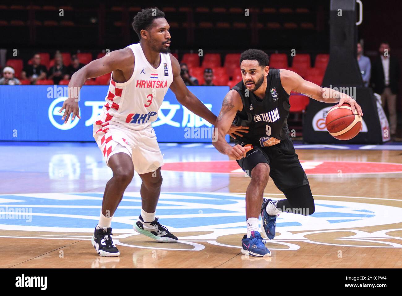 Corey Webster (New Zealand), Jaleen Smith (Croatia). FIBA Olympic Qualifying Tournament. Piraeus 2024. Stock Photo