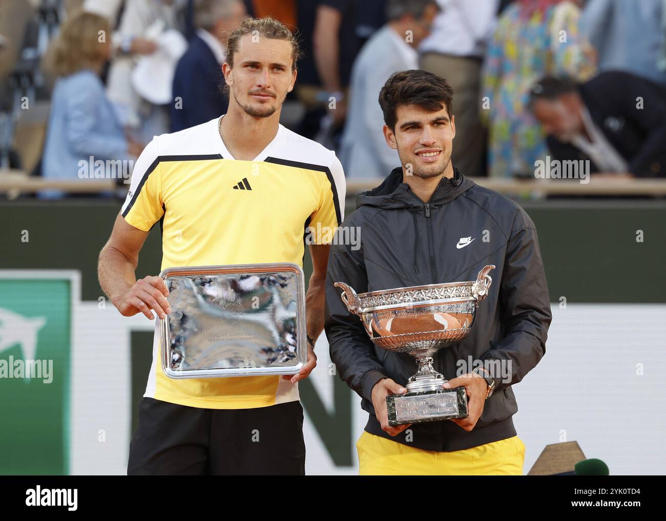 French Open 2024 Champion Carlos Alcaraz and runner up Alexander Zverev with trophies at Roland Garros, Paris, France. Stock Photo