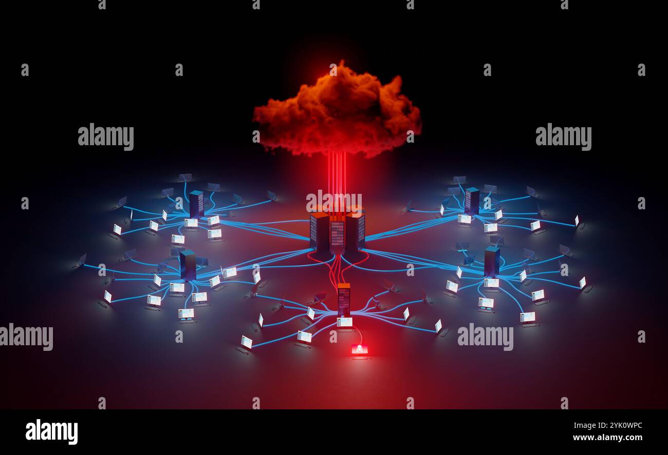 Cloud cybersecurity, compromised network infrastructure concept. Digital 3D rendering. Stock Photo