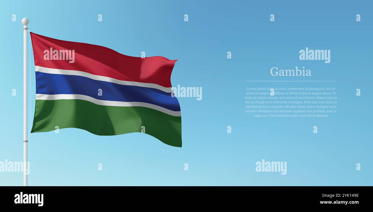 Waving flag of Gambia on a pole with a blue sky backdrop with copyspace ...