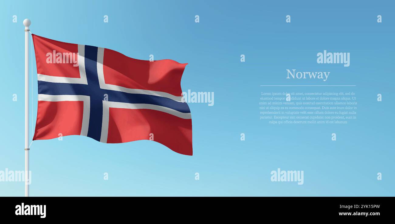 Waving flag of Norway on a pole with a blue sky backdrop with copyspace ...