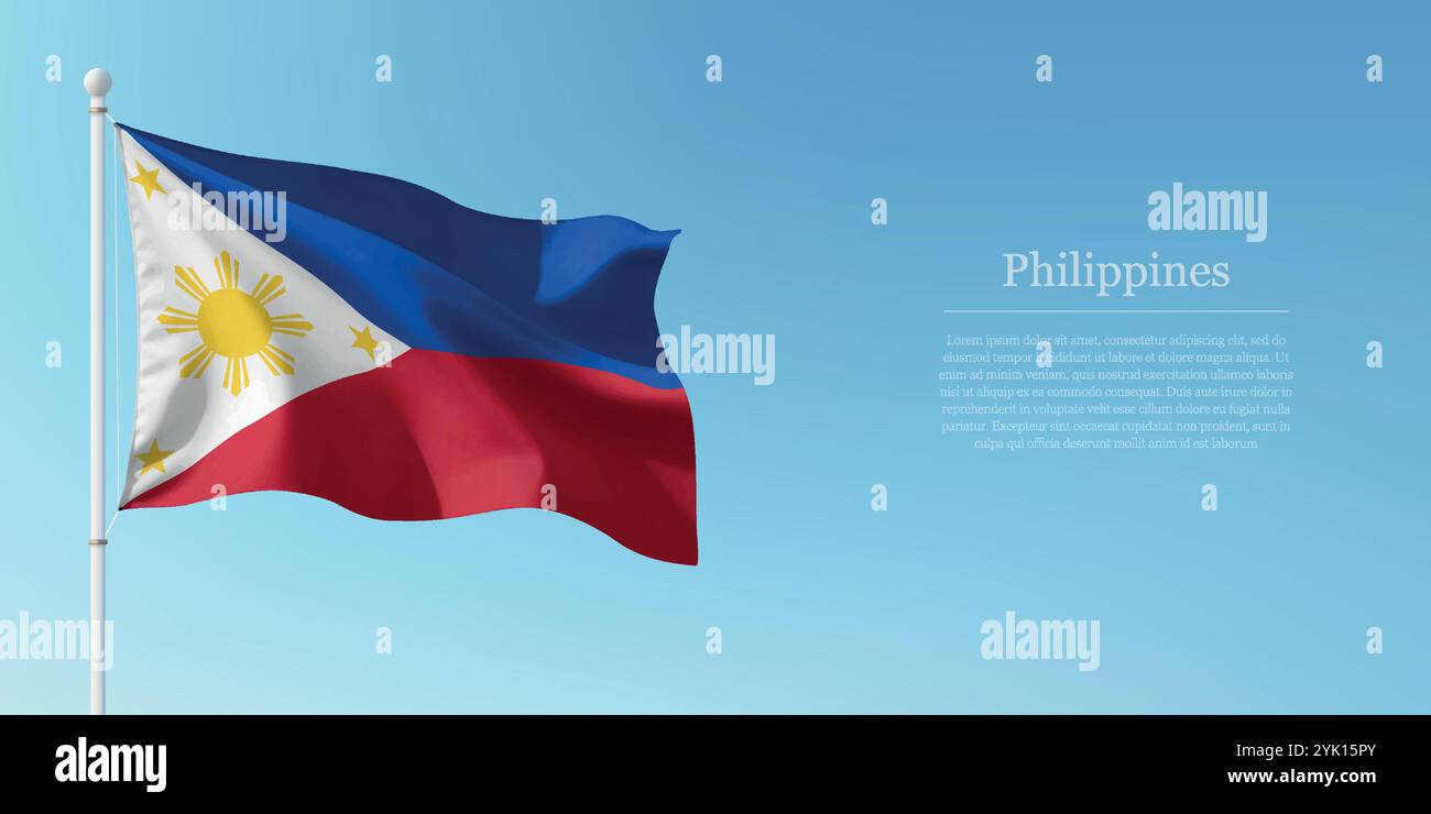 Waving flag of Philippines on a pole with a blue sky backdrop with ...