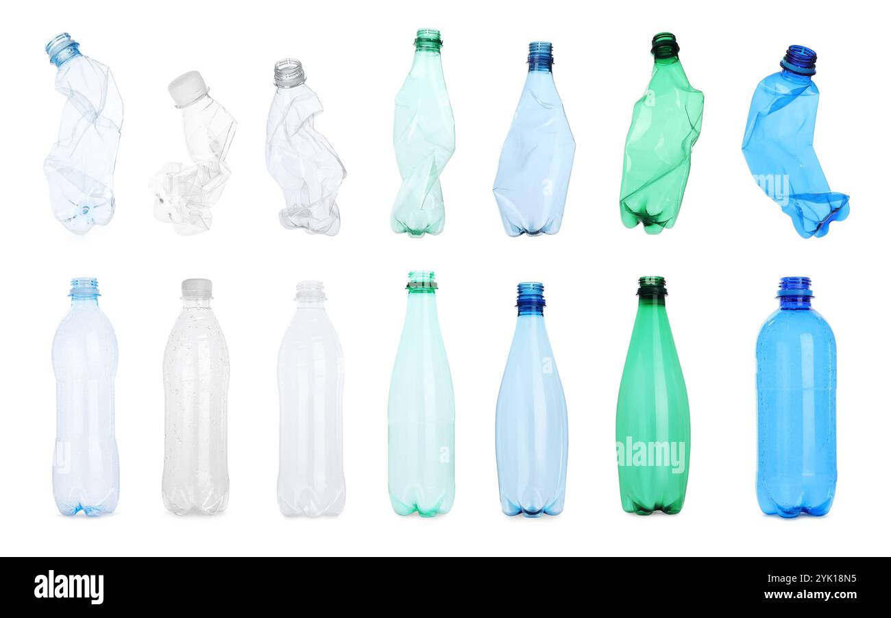 Whole and crumpled plastic bottles on white background, collage Stock ...