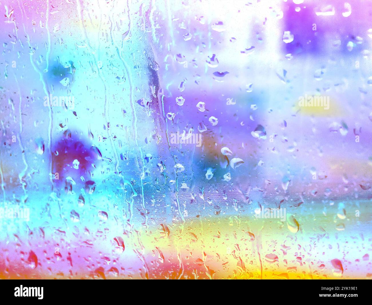 Colourful rainy window with raindrops in rainy day. Abstract drops ...