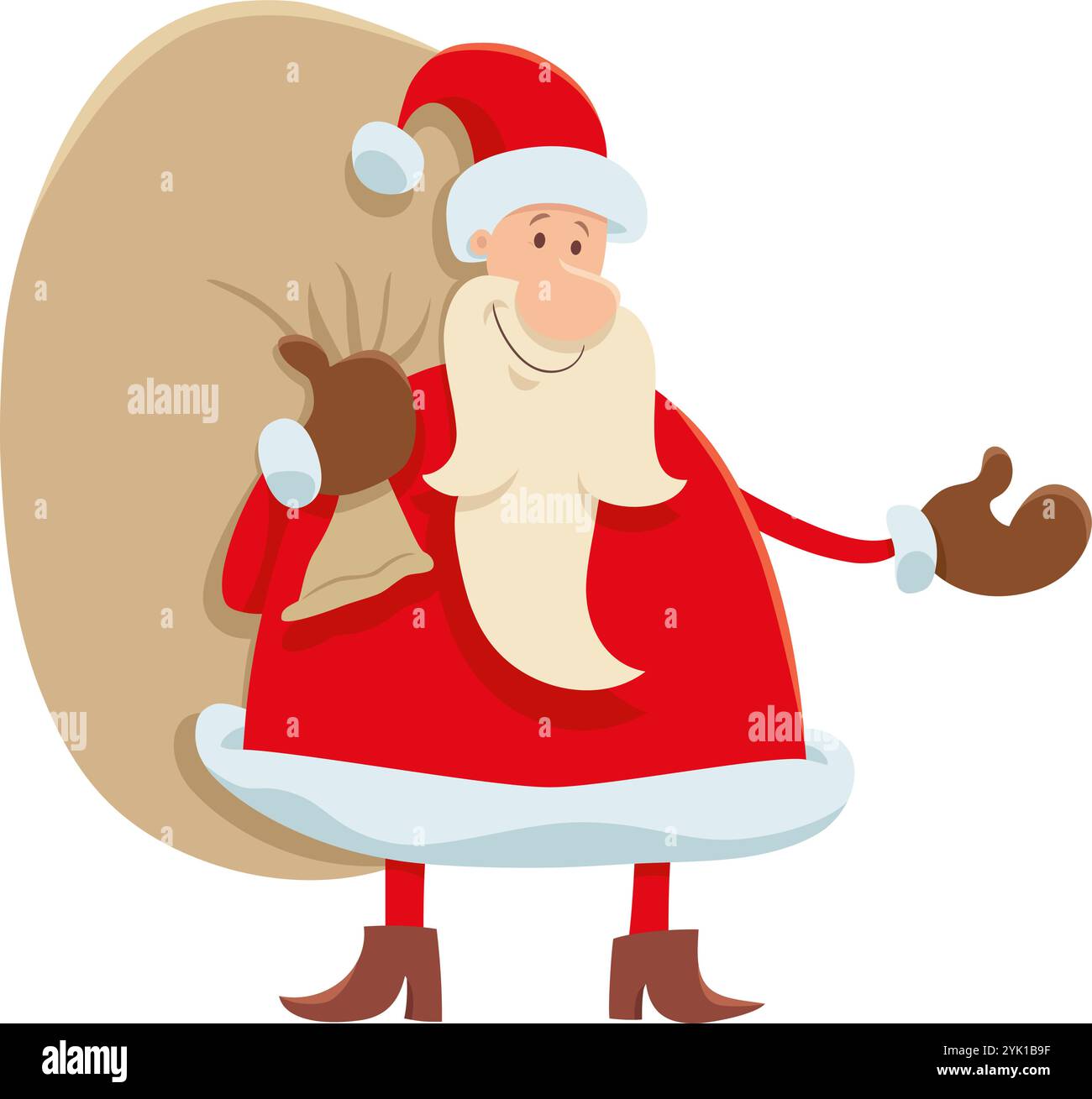 Cartoon illustration of funny Santa Claus character with sack of gifts ...