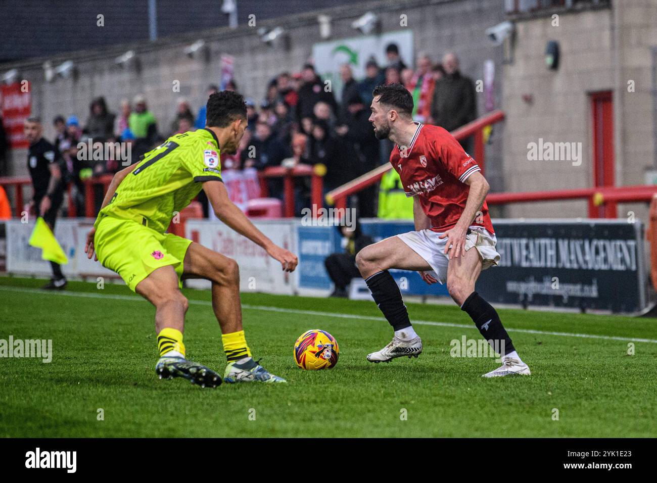 Morecambe FC's Gwion Edwards under pressure from Brandon Cover of Port Vale FC during the Sky Bet League 2 match between Morecambe and Port Vale at the Mazuma Mobile Stadium, Morecambe on Saturday 16th November 2024. (Photo: Ian Charles | MI News) Credit: MI News & Sport /Alamy Live News Stock Photo