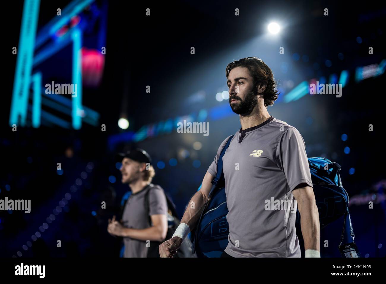 Turin, Italy. 16 November 2024. Jordan Thompson (R) and Max Purcell of Australia walk out prior to the semi-final doubles match against Kevin Krawietz and Tim Putz of Germany during day seven of the Nitto ATP Finals. Kevin Krawietz and Tim Putz won the match 2-6, 6-3, 11-9. Credit: Nicolò Campo/Alamy Live News Stock Photo
