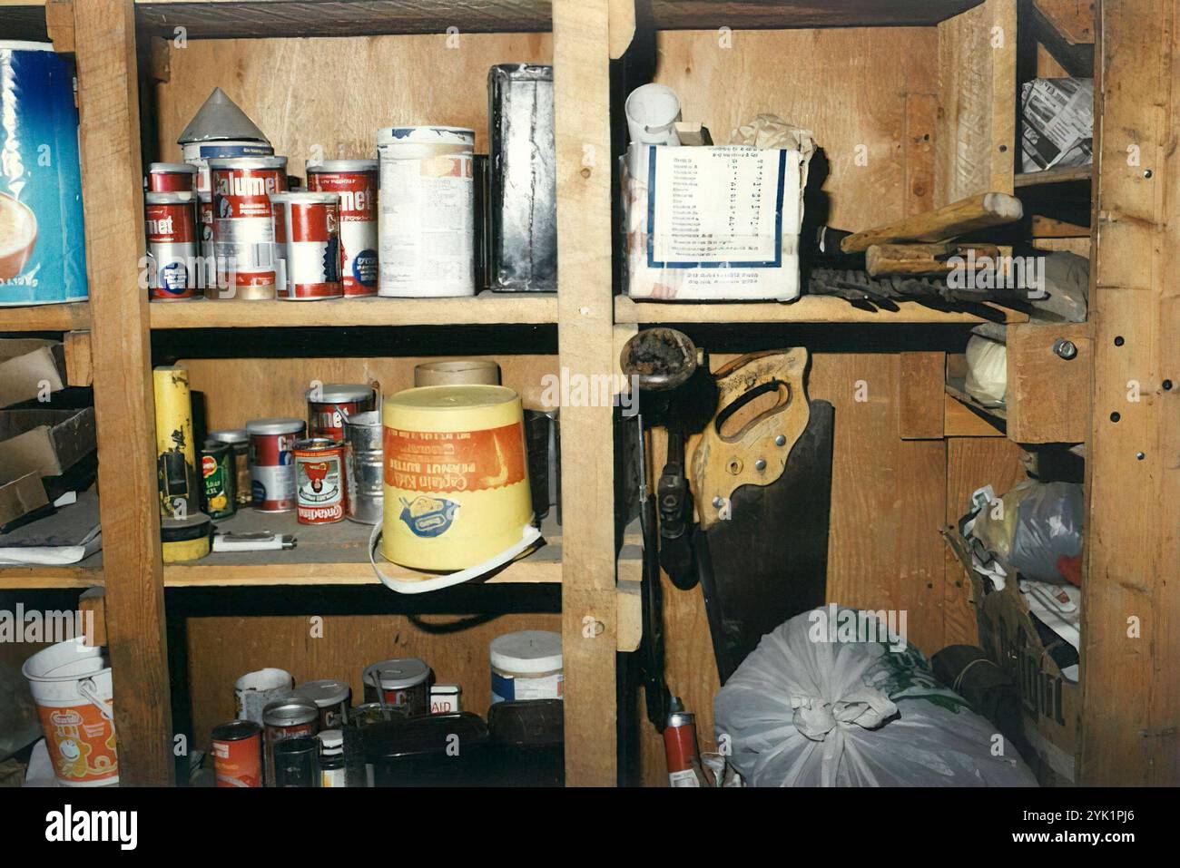 Many Calumet brand baking powder containers were found among Unabomber Ted Kaczynski's belongings. Kaczynski used the containers for storing various hardware and parts, including bomb making materials. FBI evidence photo Stock Photo