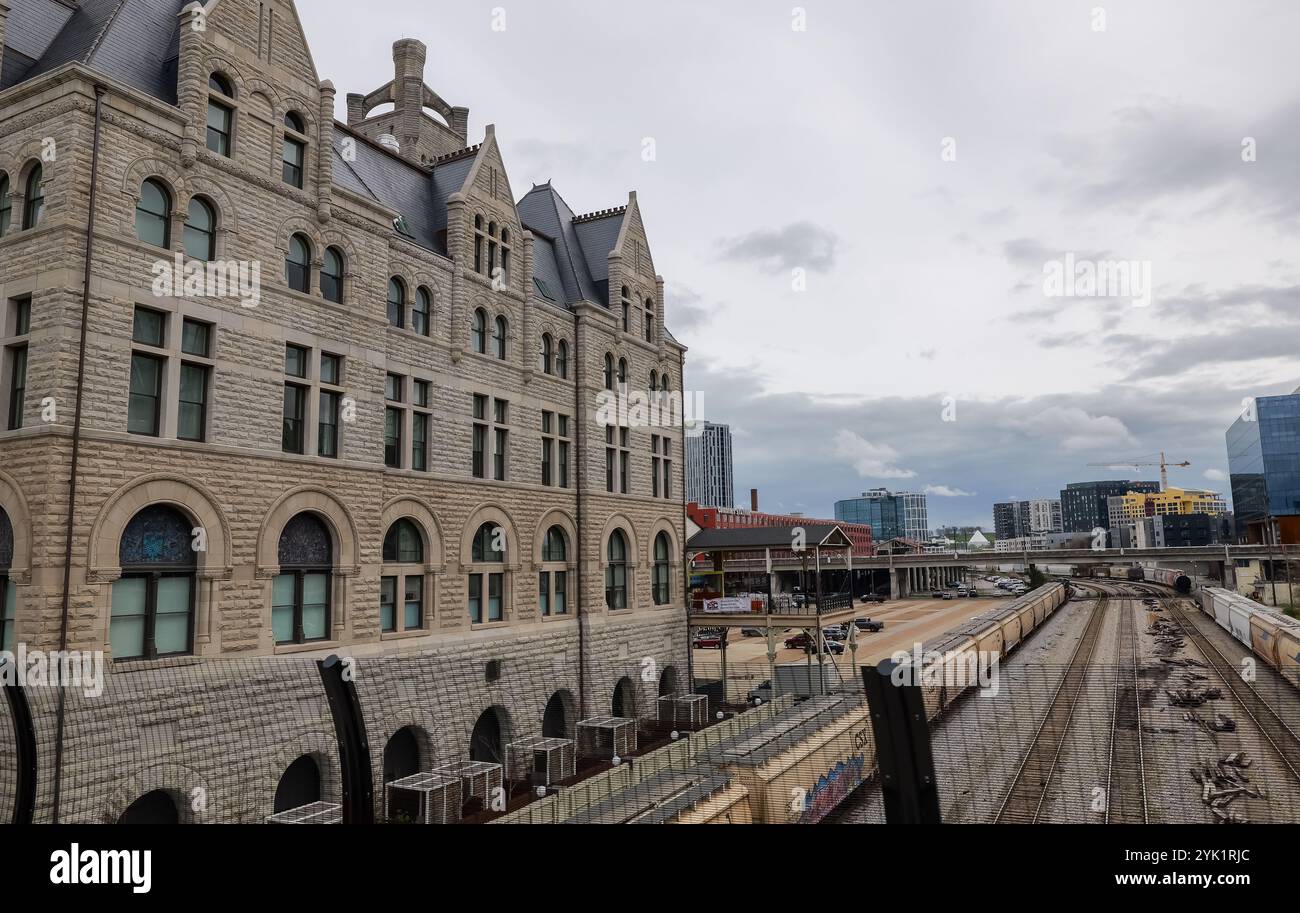 NASHVILLE, TN - 15 MAR 2024: Railroad train tracks and historic Union