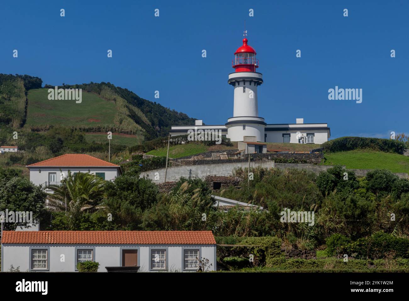 View of Topo and the lighthouse in Sao Jorge, Azores, Portugal. Stock Photo