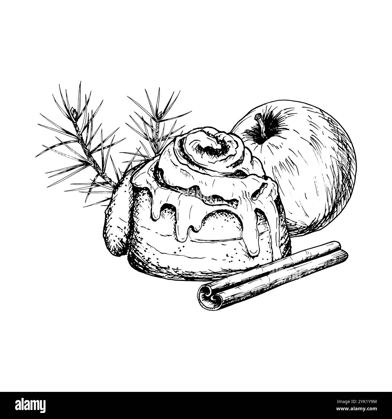 Hand drawn vector illustration of a cinnamon roll with icing, apple ...