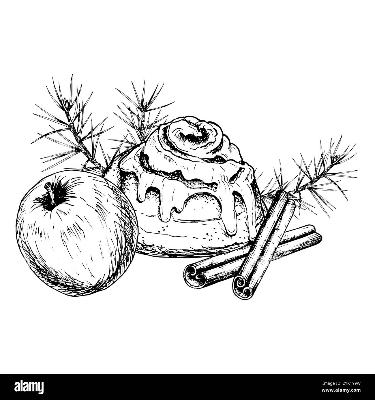 Hand drawn vector illustration of a cinnamon roll with icing, cinnamon ...