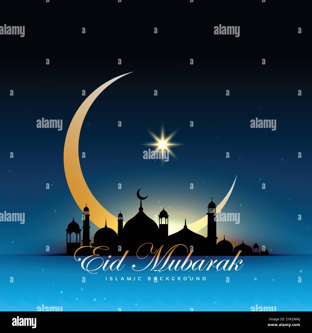 mosque silhouette in night sky with golden crescent moon and star Stock ...