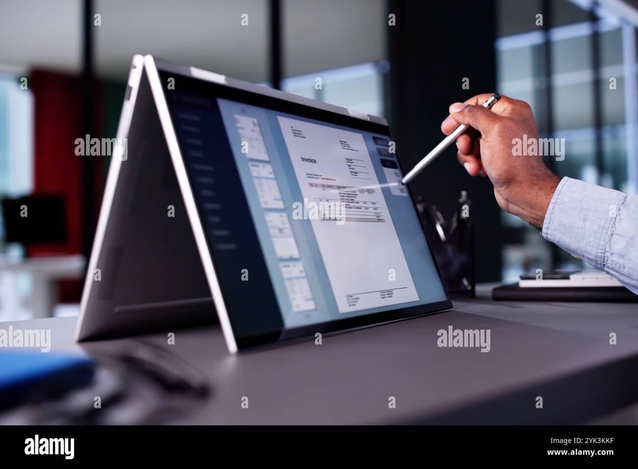 E Invoice Business Management. Accountant Using Electronic Invoice Stock Photo