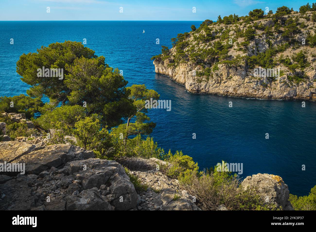 Amazing viewpoint between the cliffs with great mediterranean bay and ...