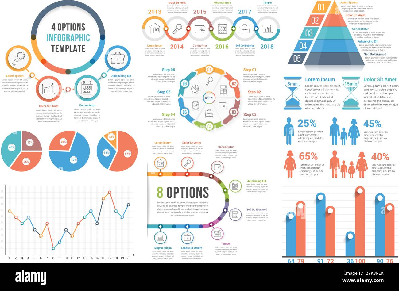 Infographic elements - bar and line charts, pie charts, steps, options ...