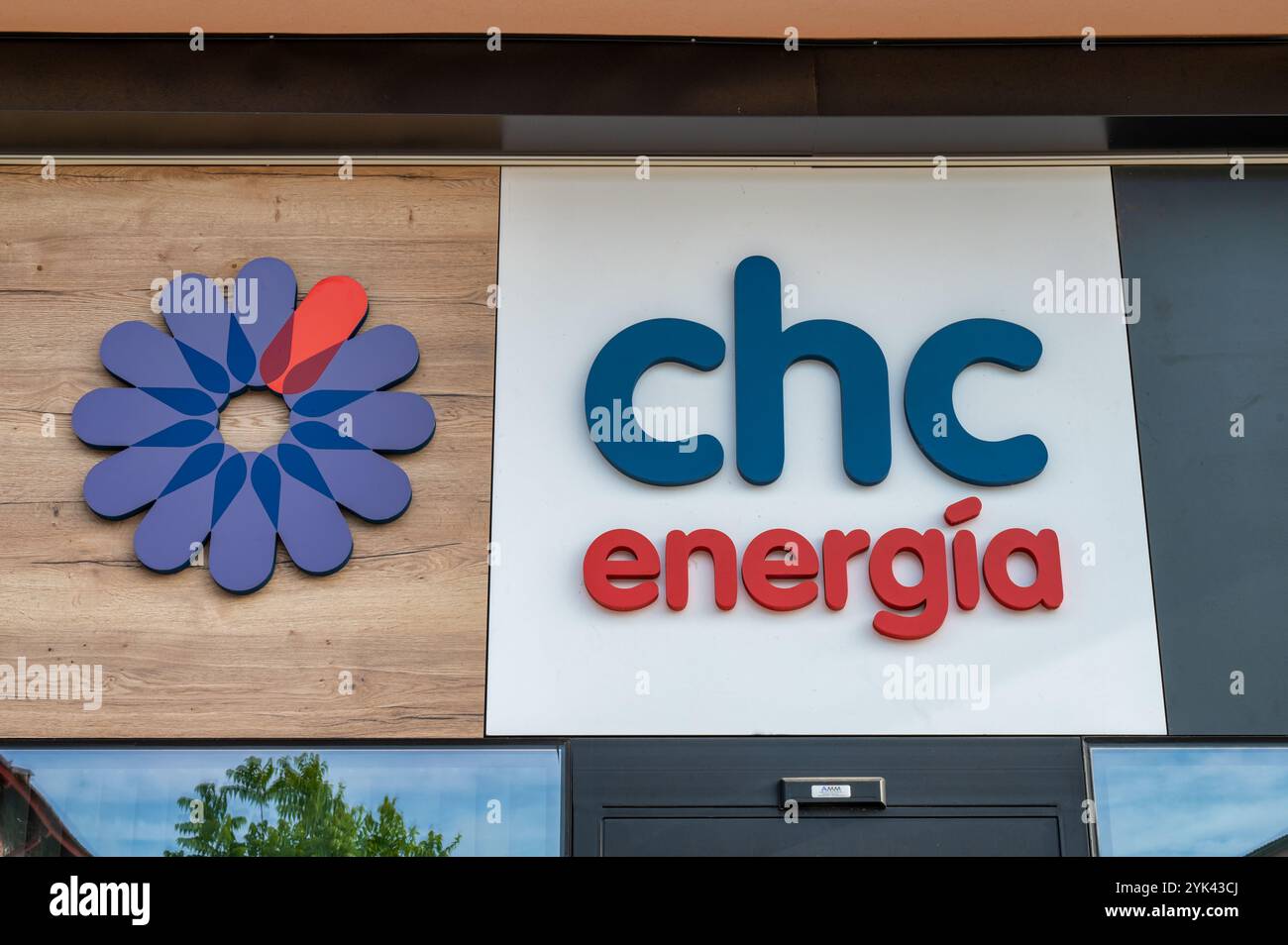 Los Arcos, Spain- May 25, 2024: The sign for CHC Energia gas and electric company Los Arcos in nothern Spain. Stock Photo