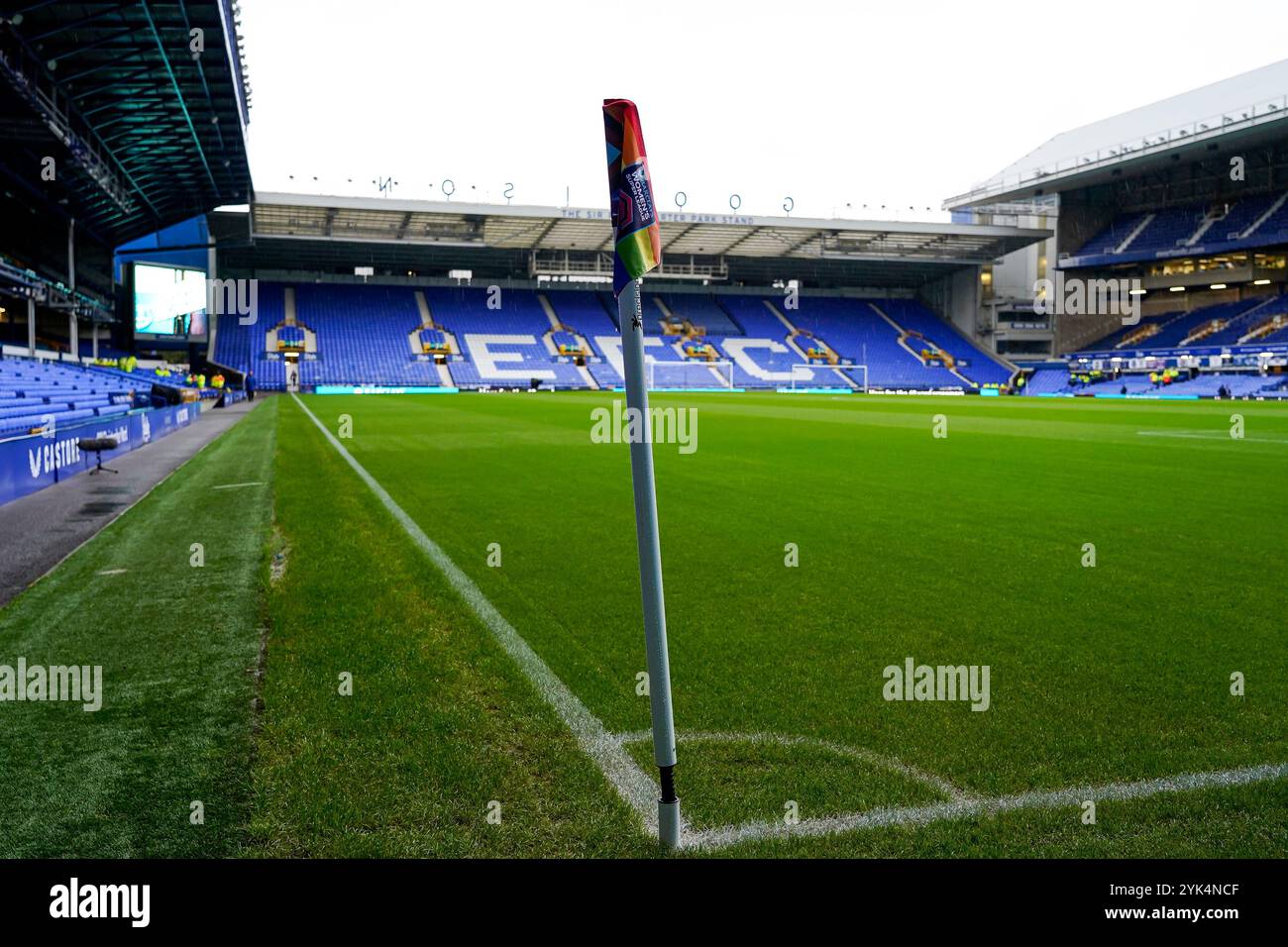 Goodison Park, Liverpool, UK. Sunday 17th November 2024, Barclays Women’s Super League: Everton FC Women Vs Liverpool FC Women at Goodison Park. General view of the corner flag showing the LGBT flag at Goodson Park ahead of kick off. Credit James Giblin/Alamy Live News. Stock Photo