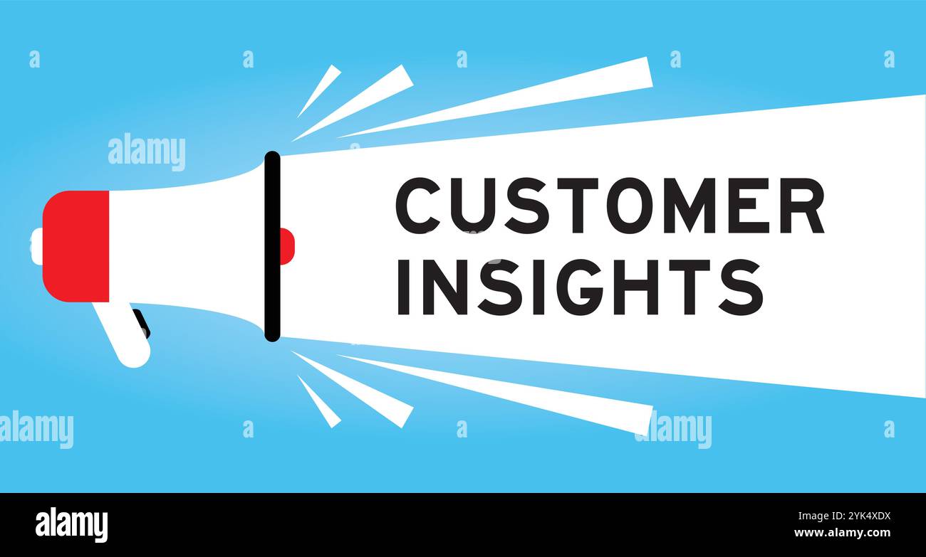 Color megaphone icon with word customer insights in white banner on blue background Stock Vector