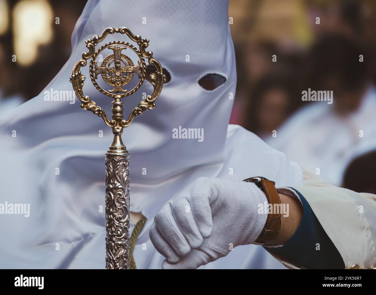 Valladolid, Spain, April 7th, 2023: A Penitent Nazarene in White Robe ...