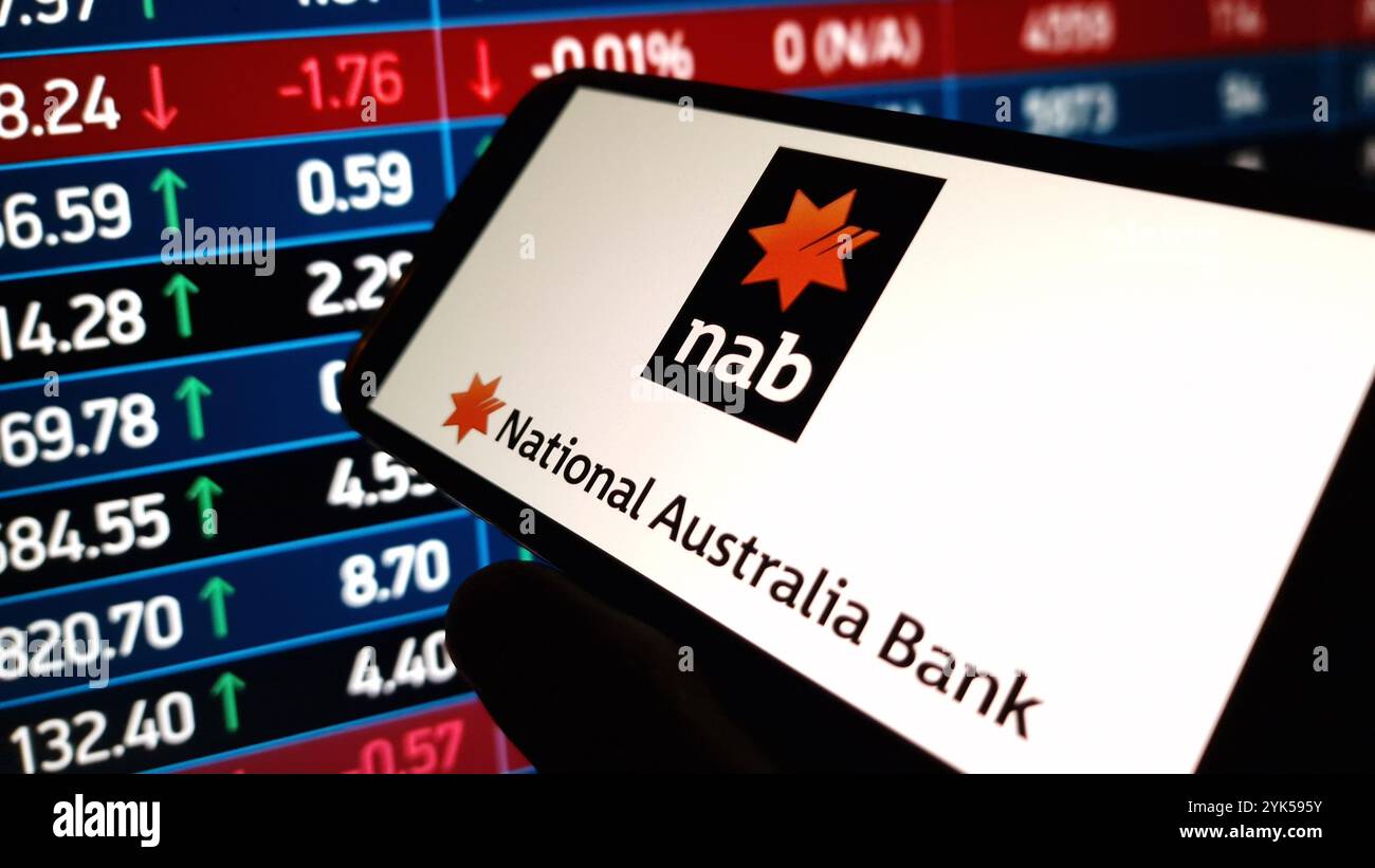 Konskie, Poland - November 15, 2024: National Australia Bank company logo displayed on mobile phone Stock Photo