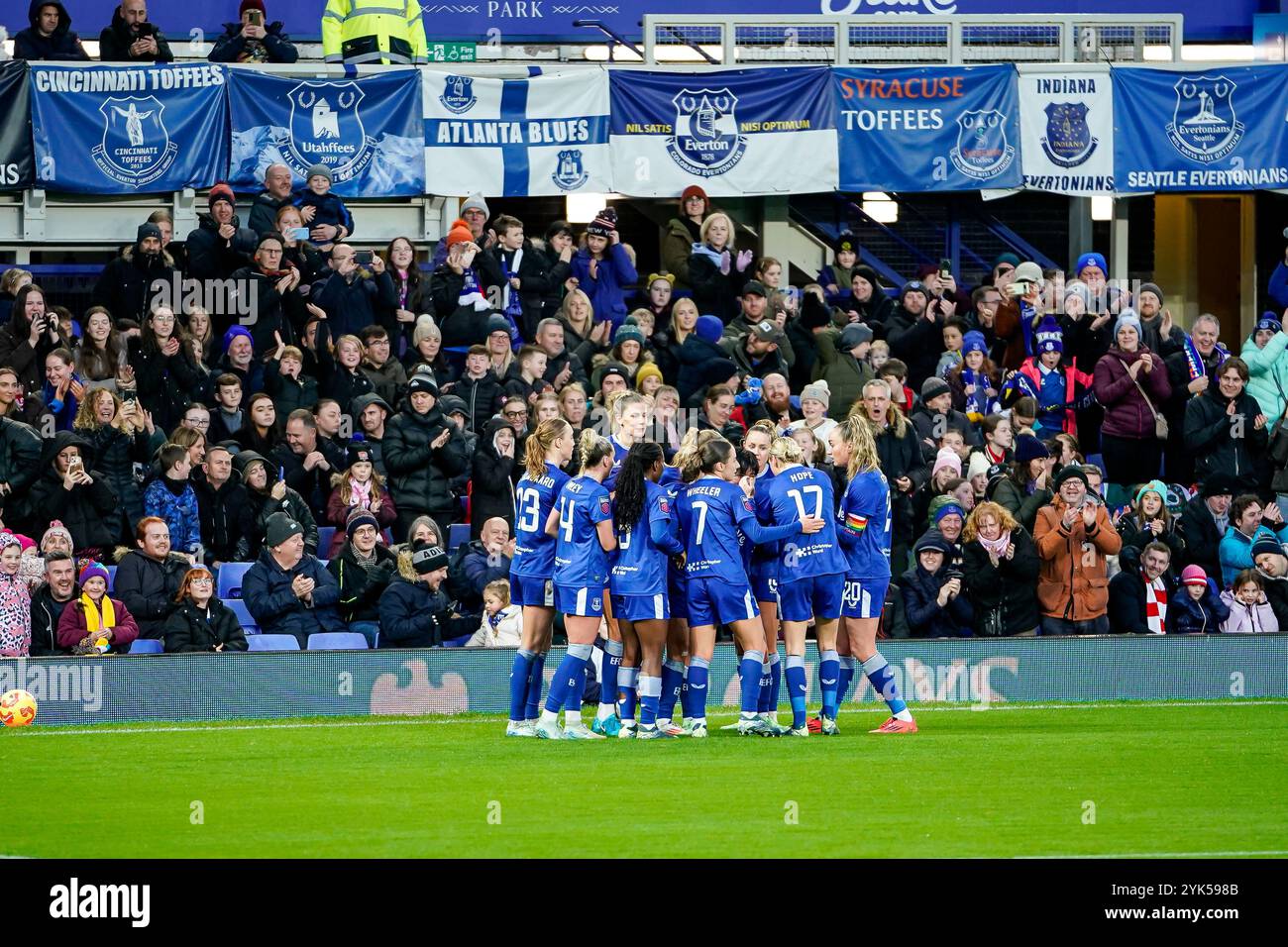 Goodison Park, Liverpool, UK. Sunday 17th November 2024, Barclays Women’s Super League: Everton FC Women Vs Liverpool FC Women at Goodison Park. Everton Forward Katja Snoeijs 25 scores a penalty and celebrates with team mates.  Credit James Giblin/Alamy Live News. Stock Photo