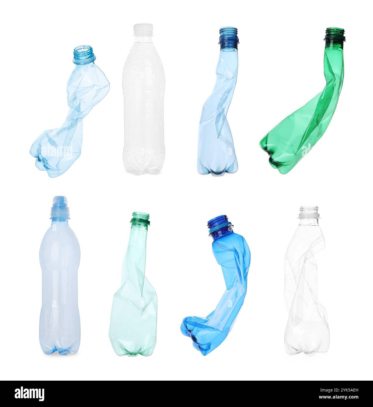 Whole and crumpled plastic bottles on white background, collage Stock ...