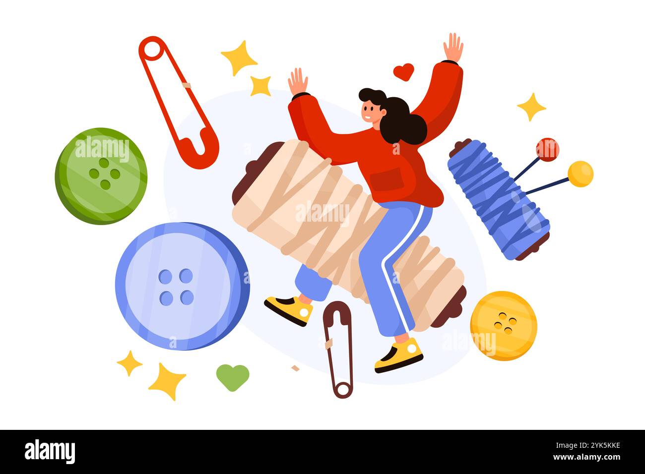 Vector illustration of a joyful woman surrounded by sewing elements ...
