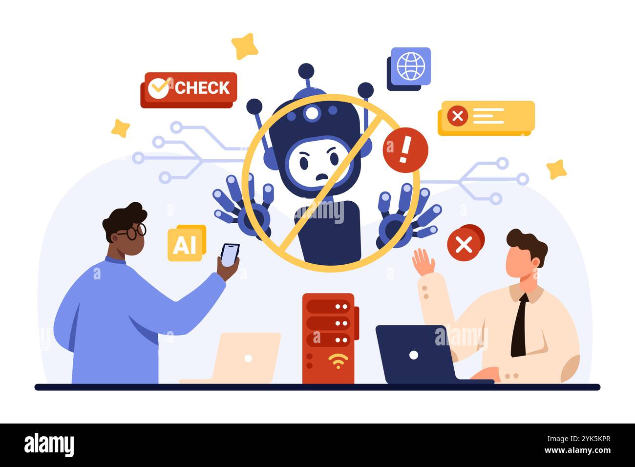 AI ethics problem, danger and harmful effect of artificial intelligence algorithms using. Evil robot in forbidden circle to prohibit fraud and bias of smart chat bot cartoon vector illustration Stock Vector