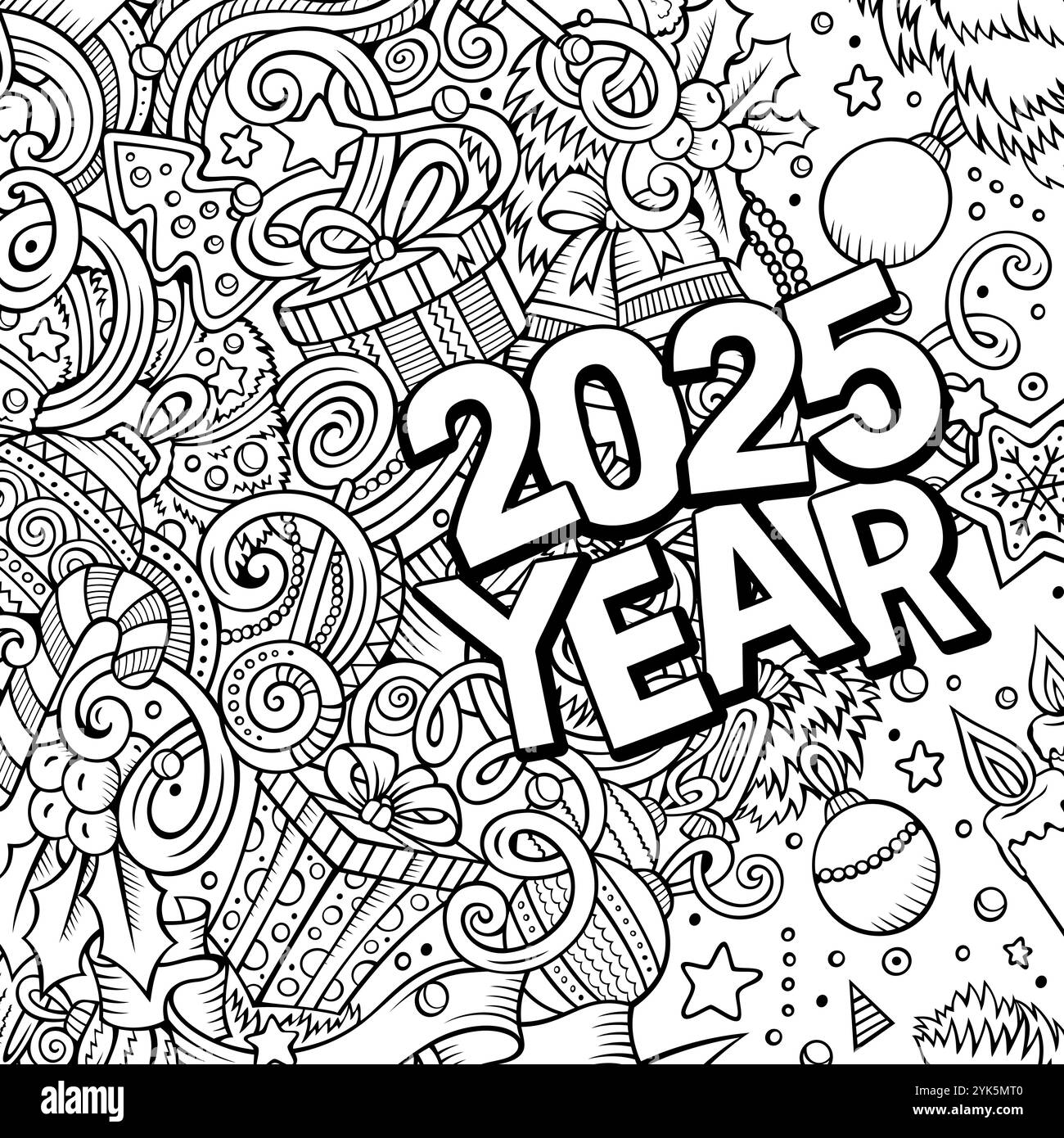 2025 doodles illustration. New Year objects and elements design ...