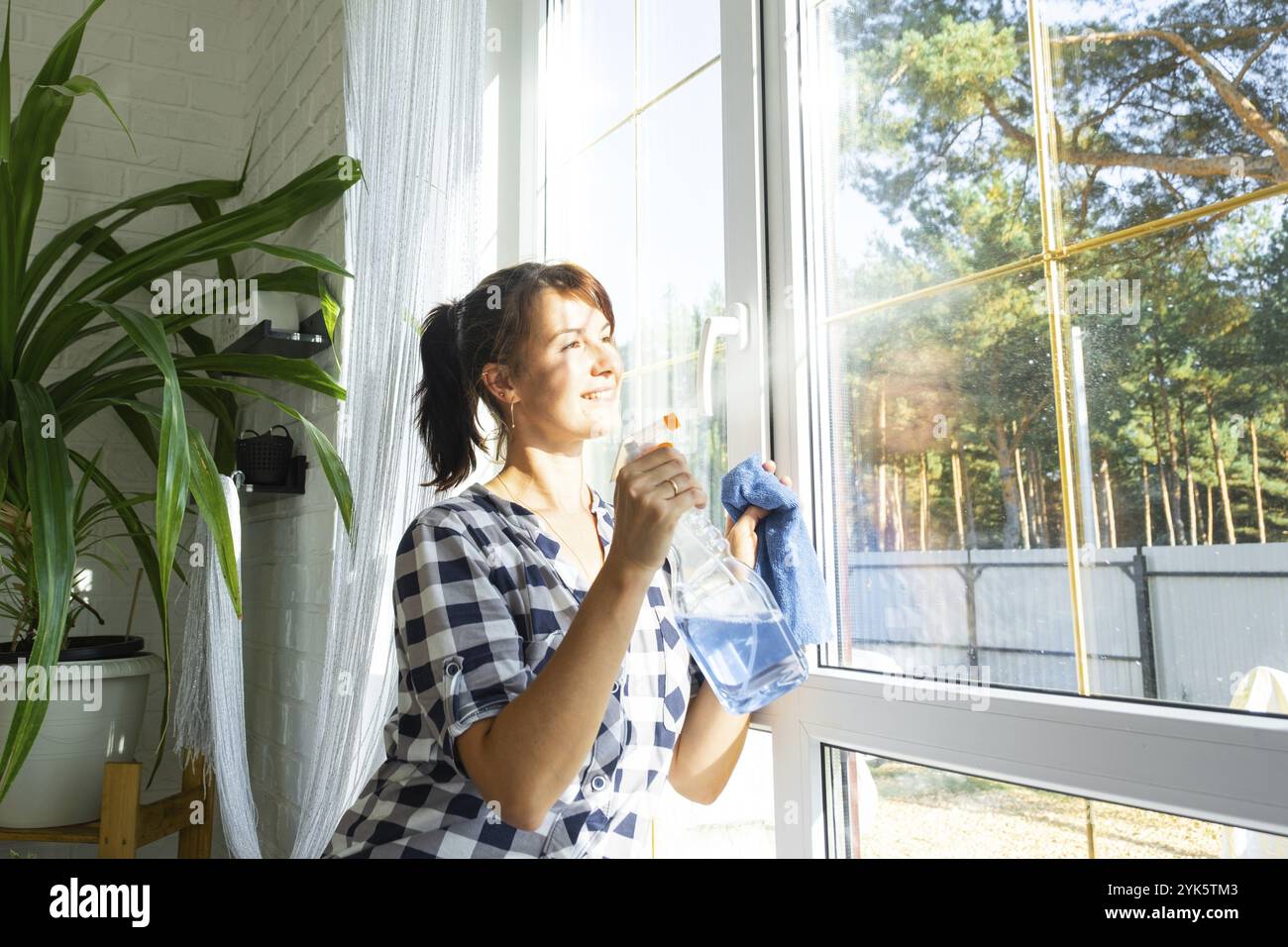 Woman cleaning window spraying cleaner hi-res stock photography and ...