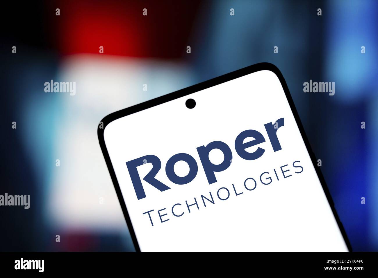 Roper Technologies logo is displayed on smartphone. Roper Technologies Inc is an American diversified industrial company Stock Photo