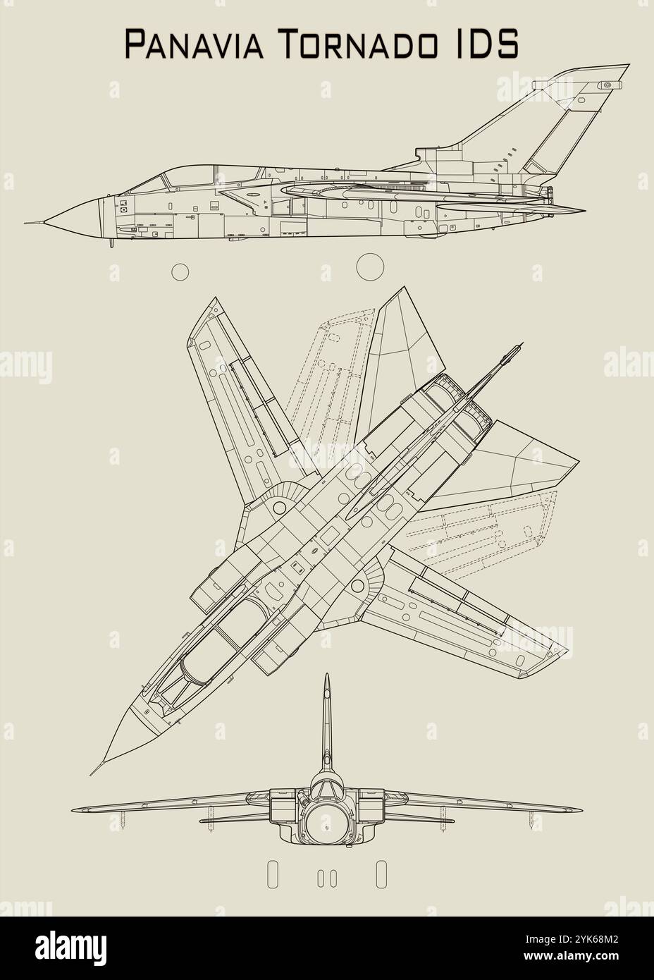 line drawing of a Panavia Tornado IDS aircraft, showcasing three different perspectives. The top view shows the plane from above Stock Vector