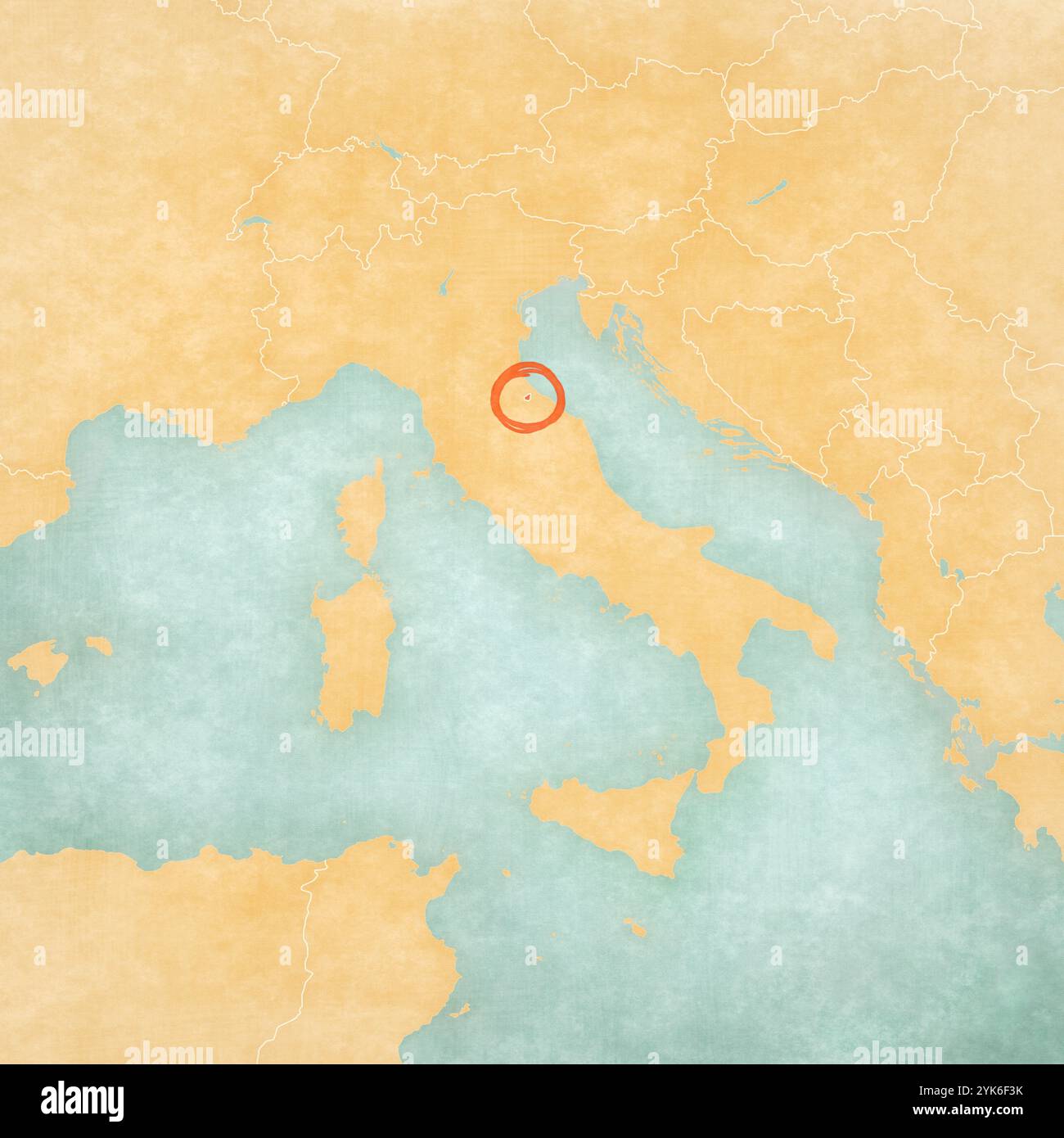 San Marino on the map of Italian Peninsula in soft grunge and vintage ...