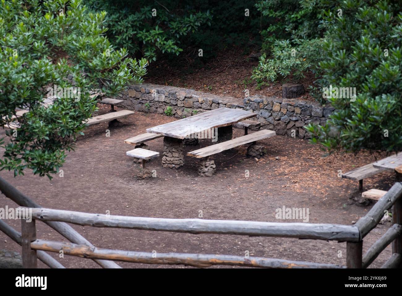 public picnic spot in forest with wooden table and benches near hiking ...